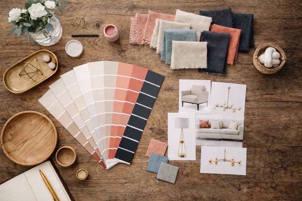 Paint chips and material samples laid out during an in-home consultation